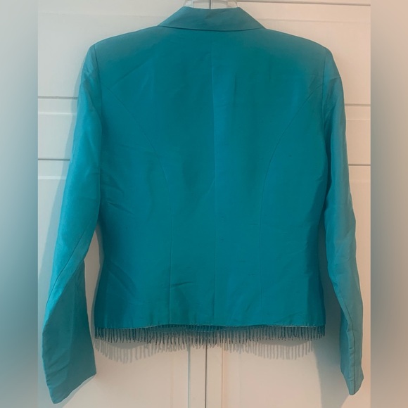 S. L. B. 100% Silk Women’s Jacket With Tiny Beaded Fringe Turquoise Lined Size 4 - Picture 4 of 4